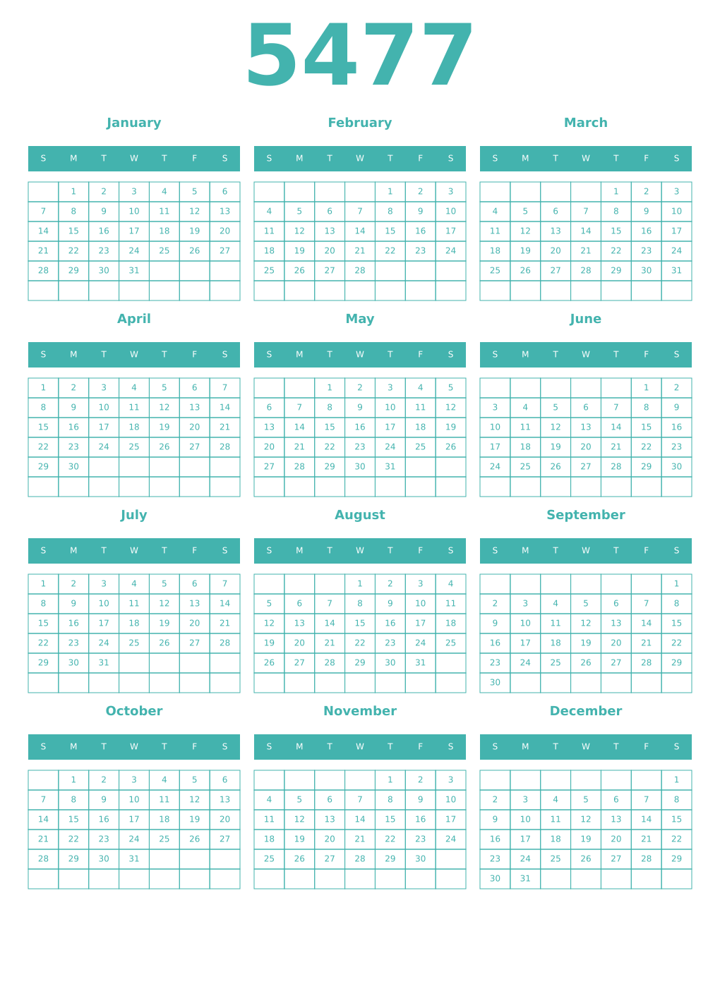 Printable 5477 Year Calendars verdigris