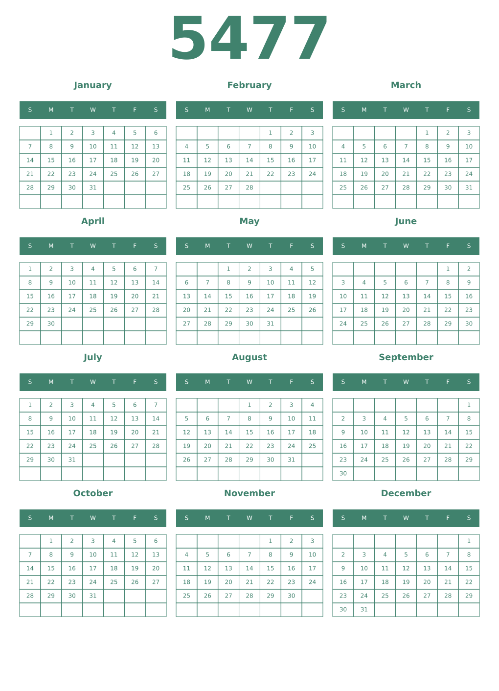 Printable 5477 Year Calendars viridian