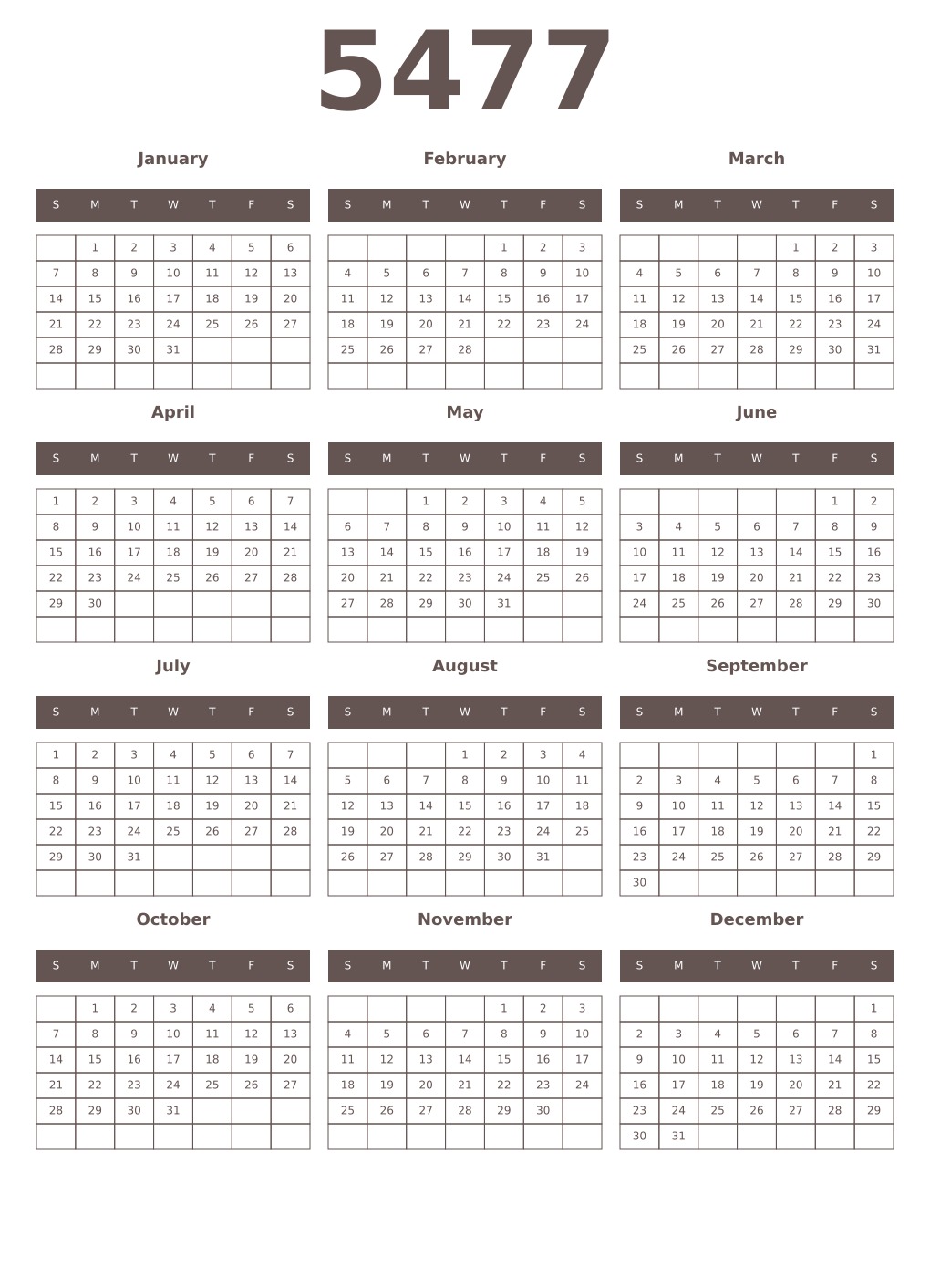 Printable 5477 Year Calendars wenge