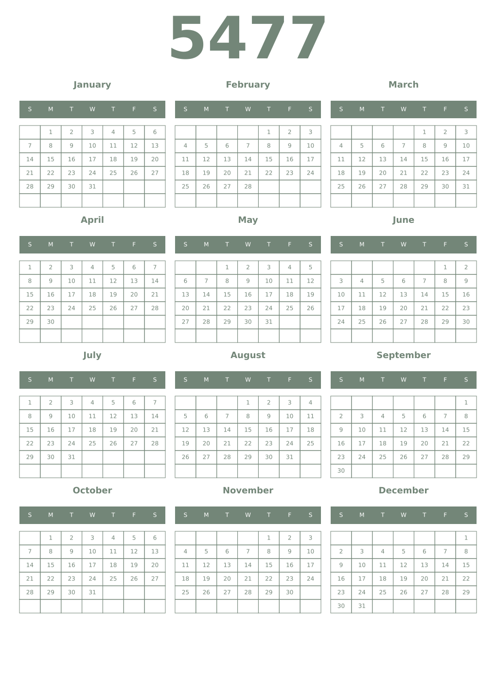 Printable 5477 Year Calendars xanadu