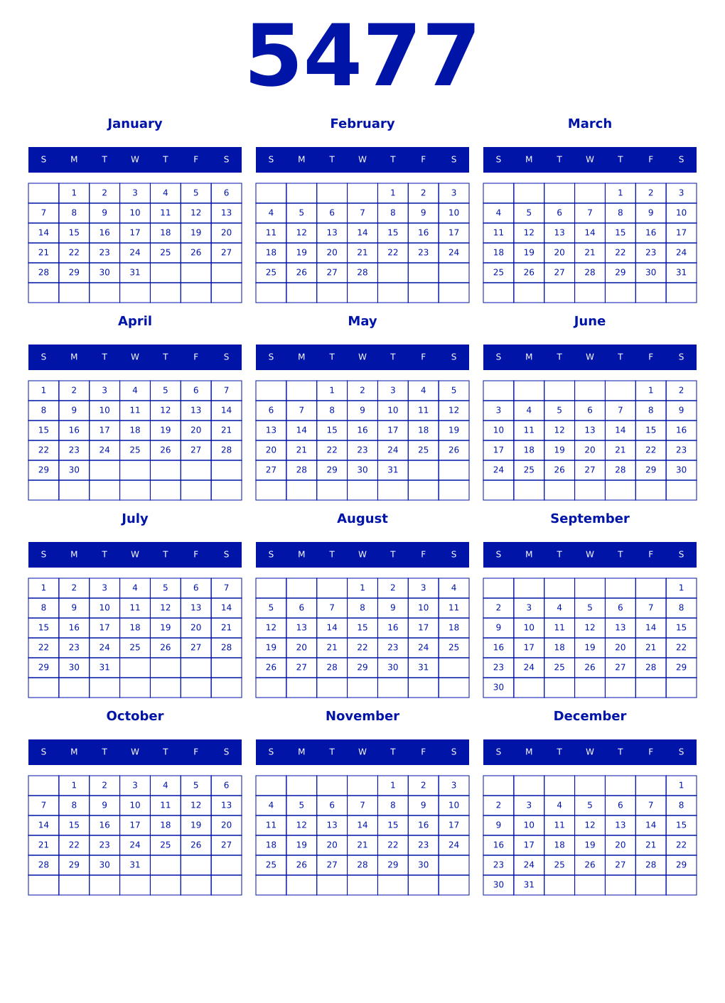 Printable 5477 Year Calendars zaffre