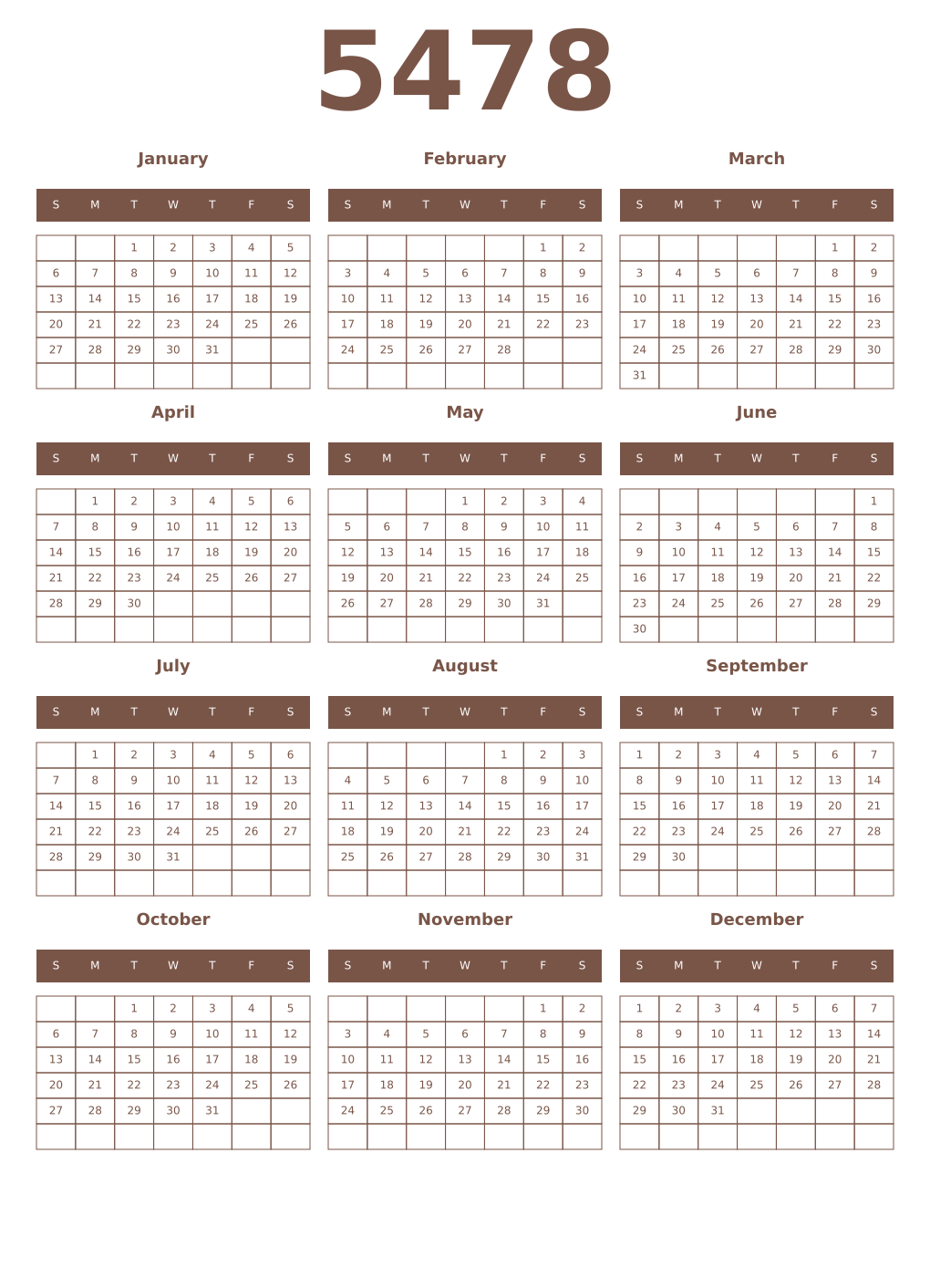Printable 5478 Year Calendars coffe