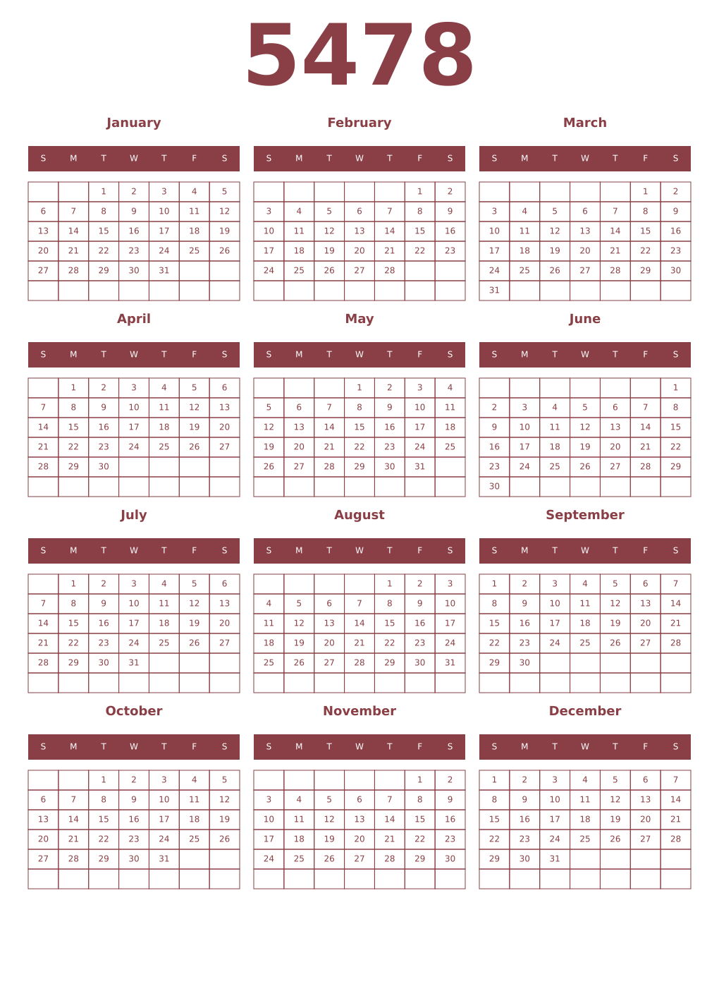 Printable 5478 Year Calendars cordovan