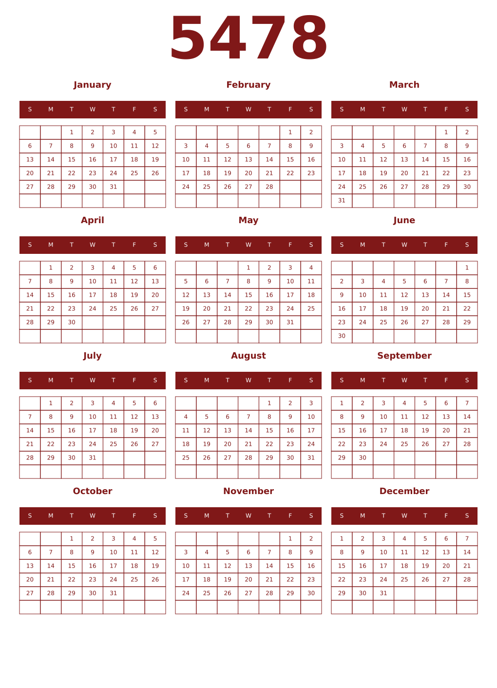 Printable 5478 Year Calendars falu