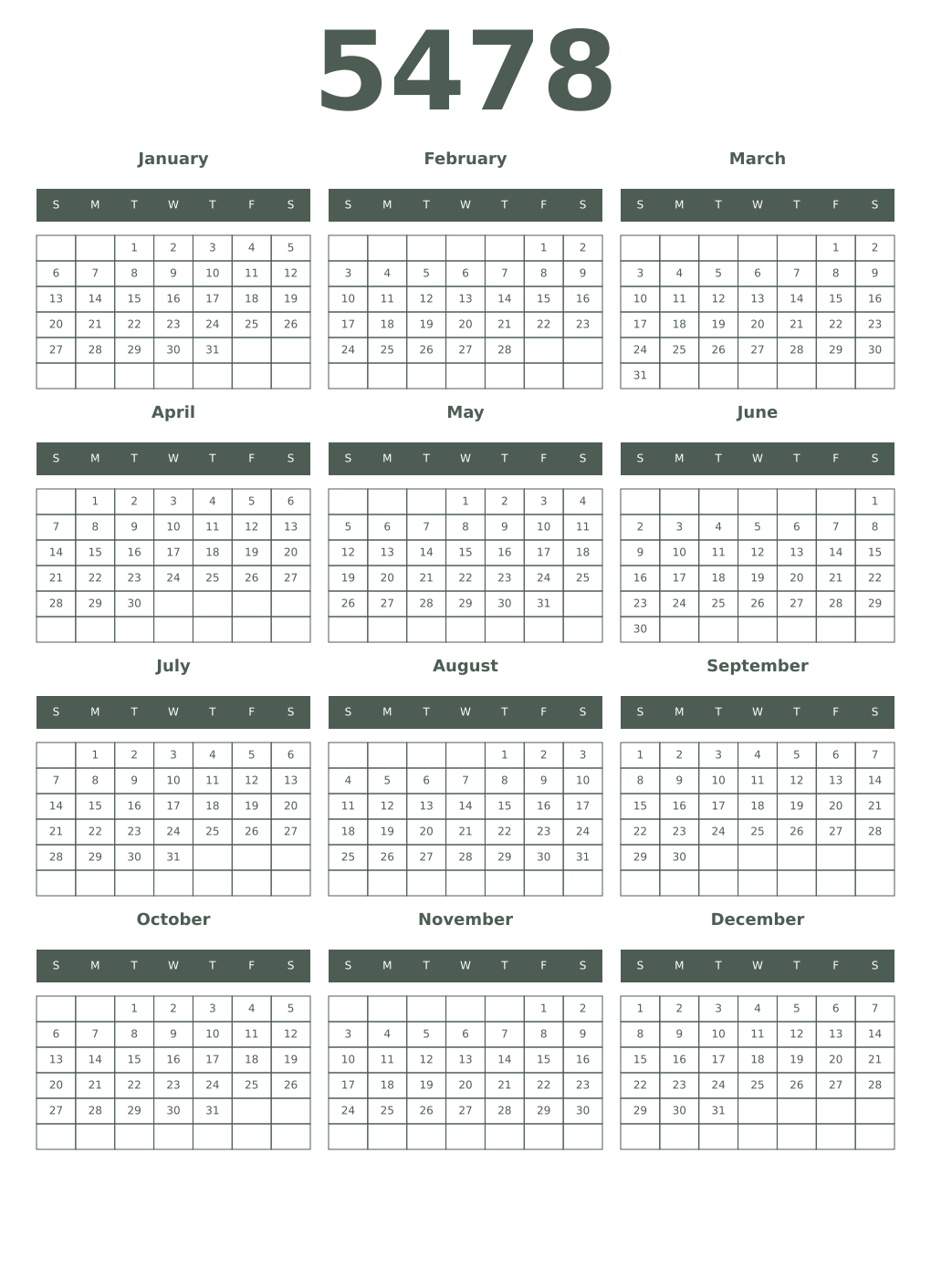 Printable 5478 Year Calendars feldgrau