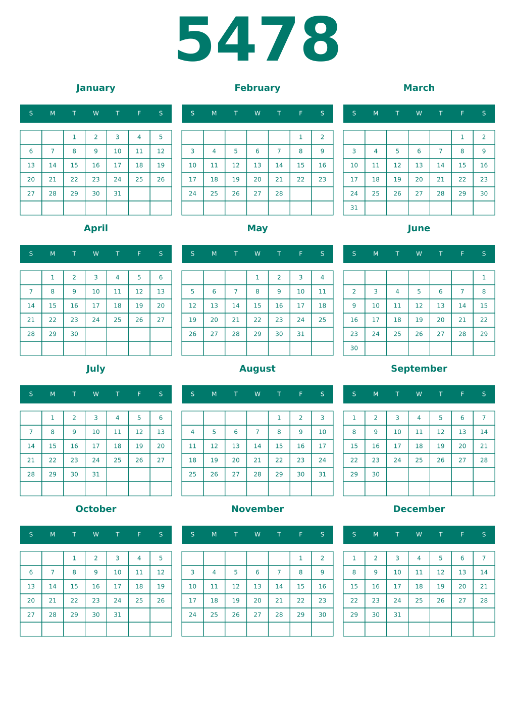 Printable 5478 Year Calendars pastel