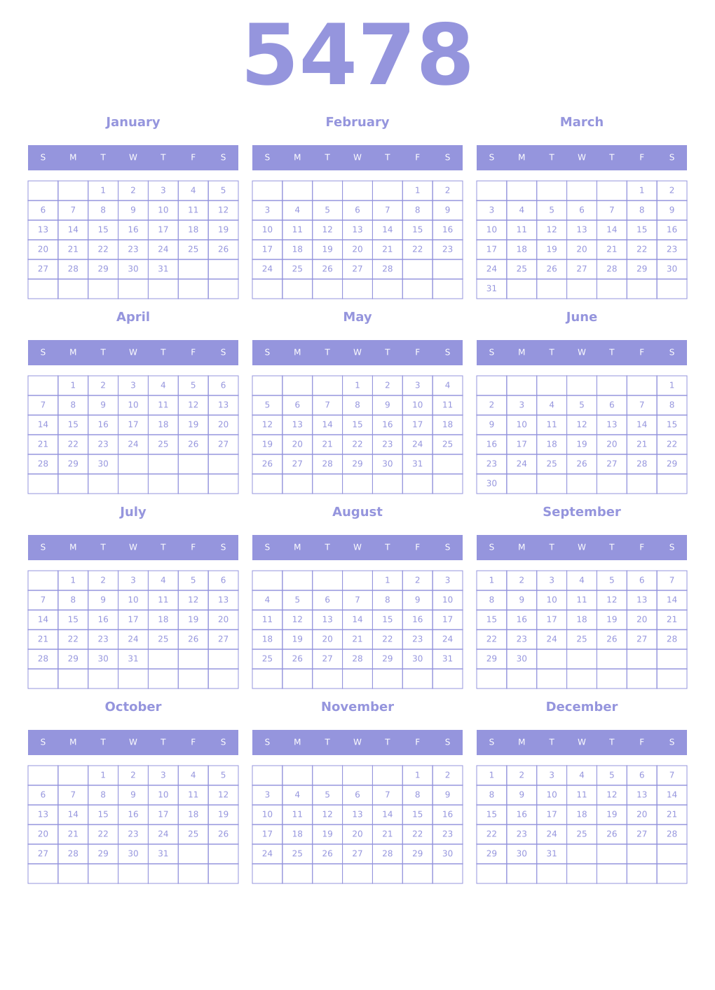 Printable 5478 Year Calendars periwinkle