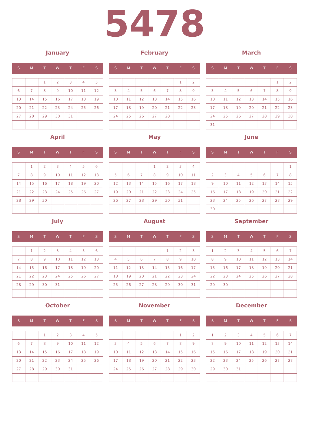 Printable 5478 Year Calendars puce