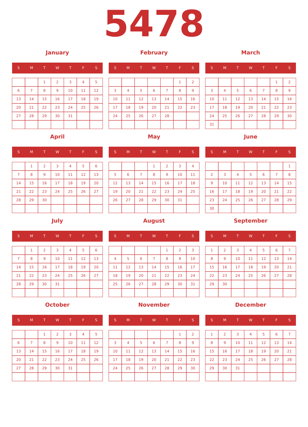 Printable 5478 Year Calendars red