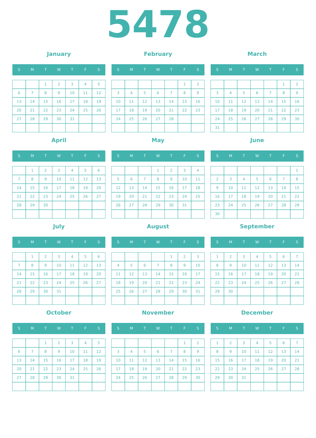 Printable 5478 Year Calendars verdigris