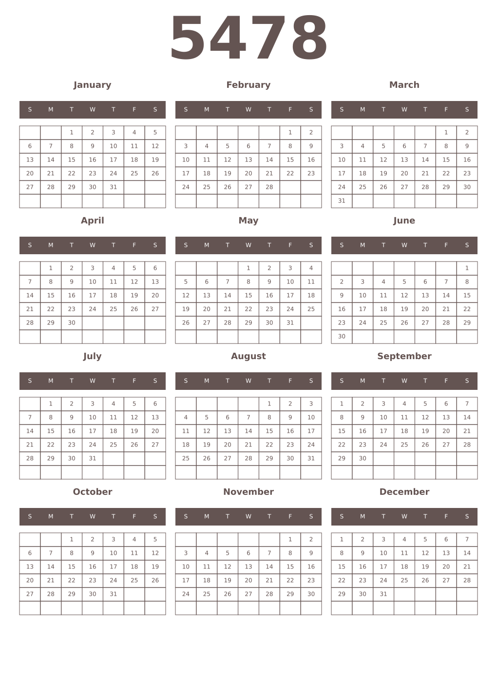 Printable 5478 Year Calendars wenge