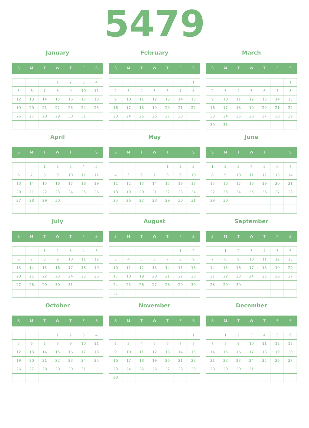 Printable 5479 Year Calendars celadon