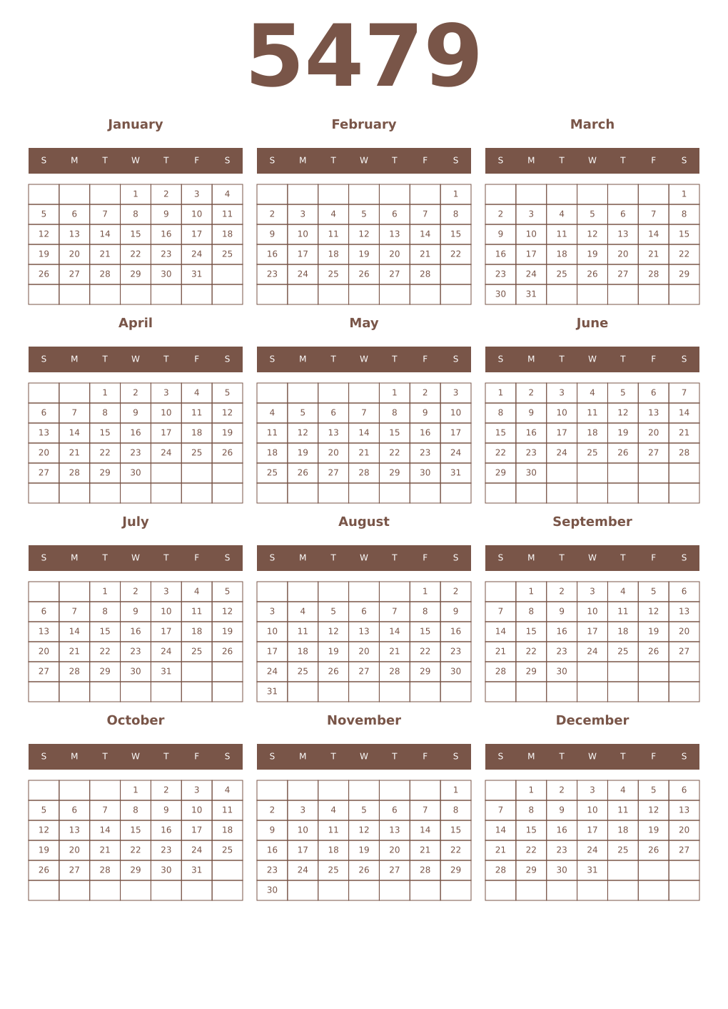 Printable 5479 Year Calendars coffe