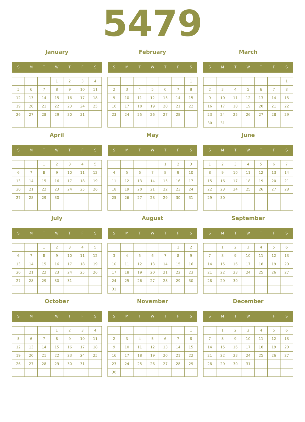 Printable 5479 Year Calendars eburnean