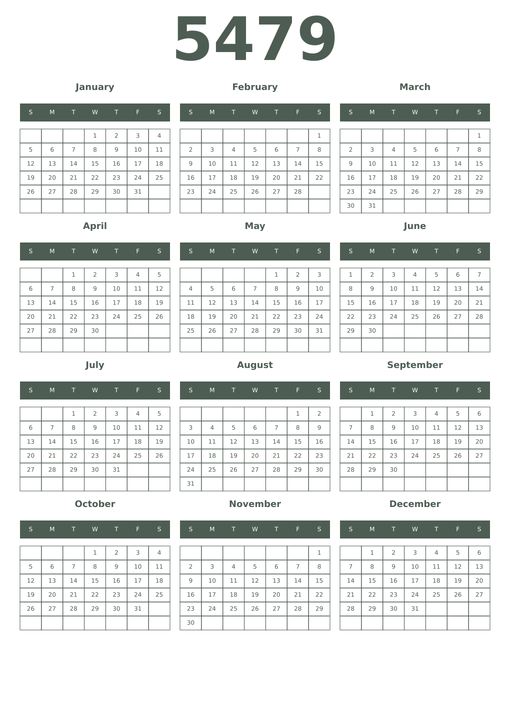 Printable 5479 Year Calendars feldgrau