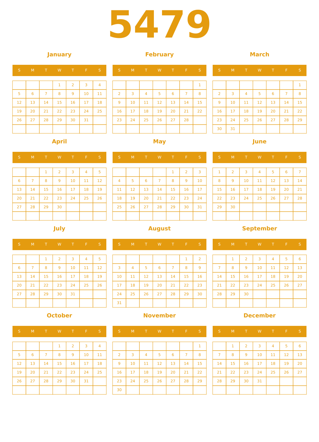 Printable 5479 Year Calendars gamboge