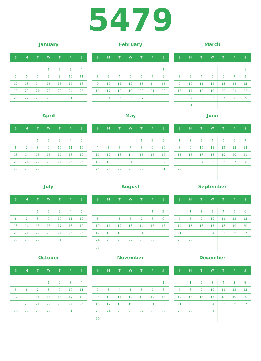 Printable 5479 Year Calendars green