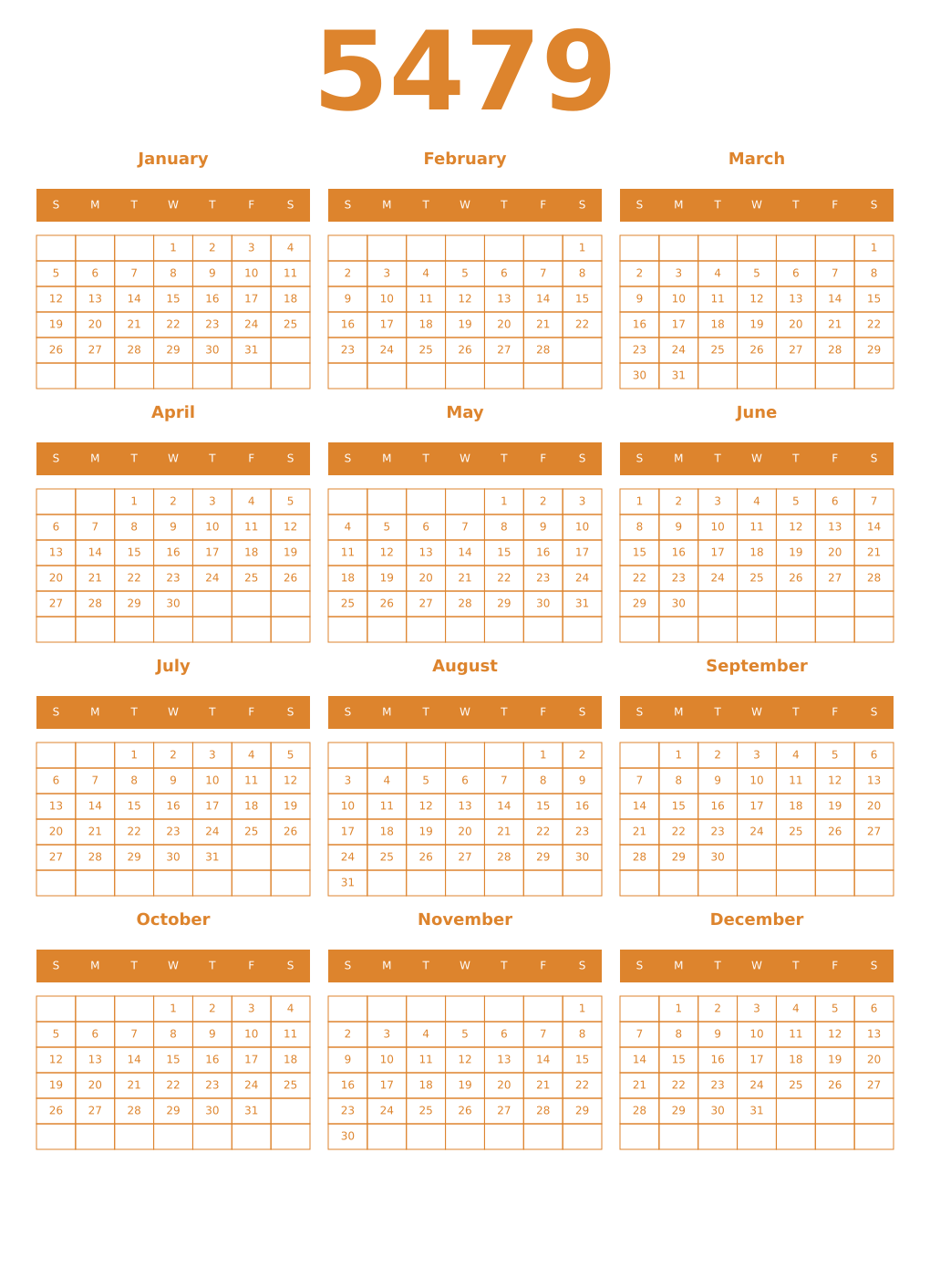 Printable 5479 Year Calendars orange