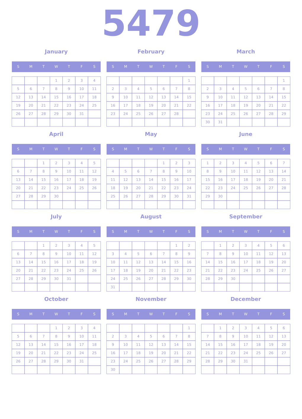 Printable 5479 Year Calendars periwinkle