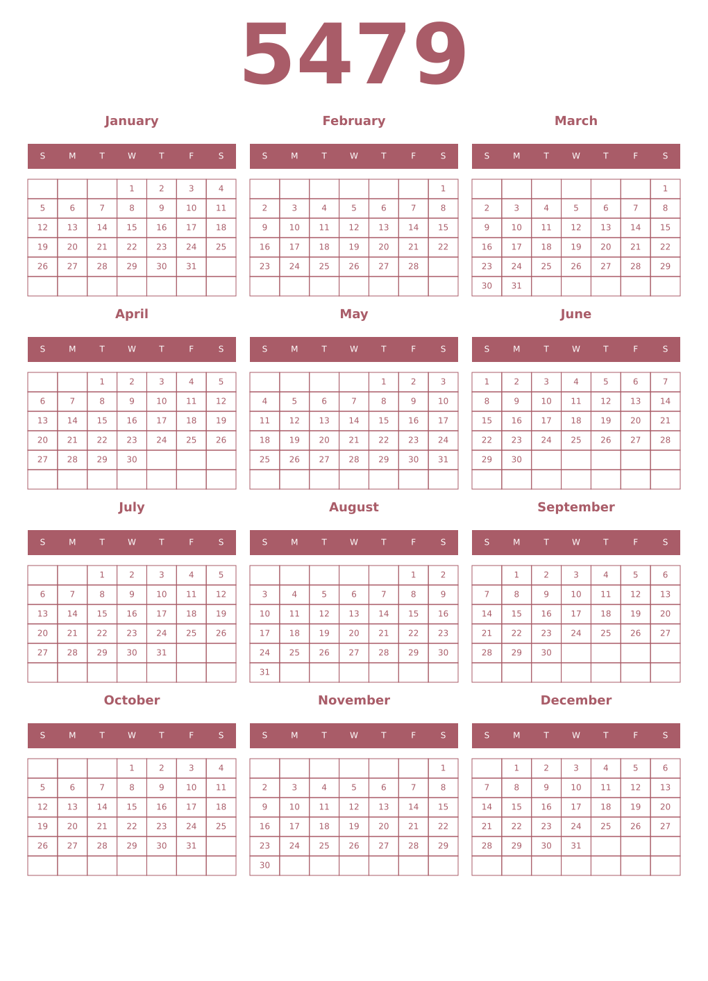 Printable 5479 Year Calendars puce