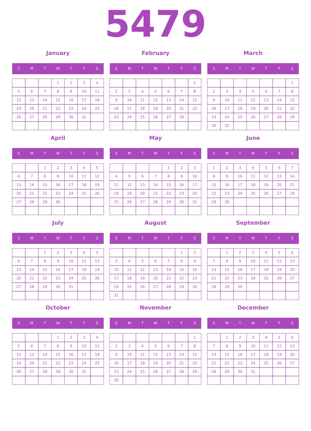 Printable 5479 Year Calendars purple