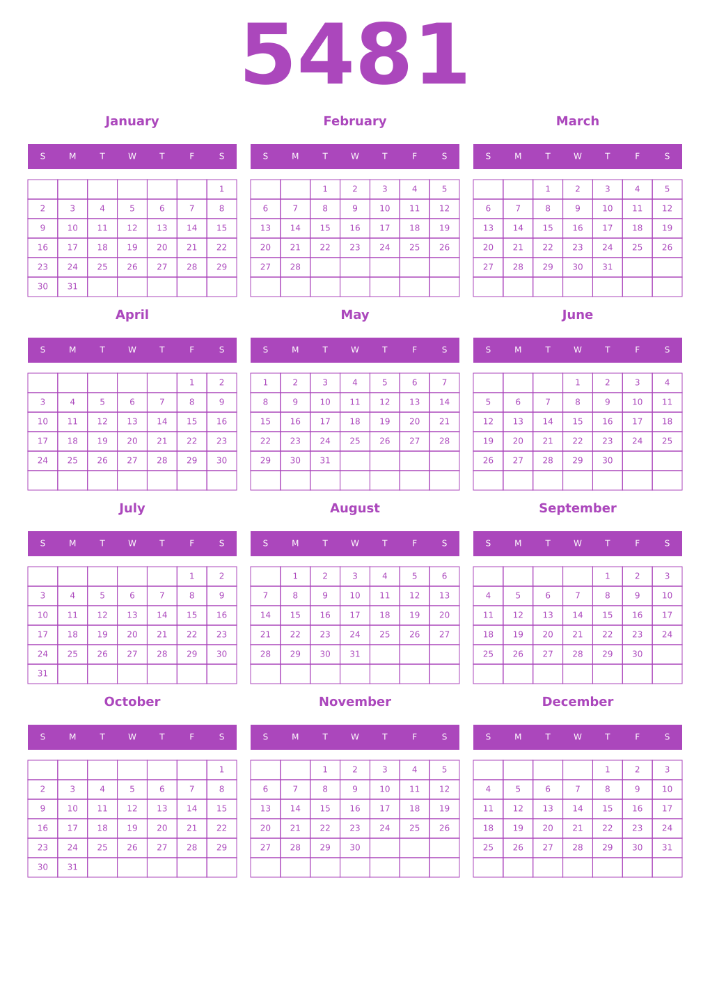 Printable 5481 Calendars
