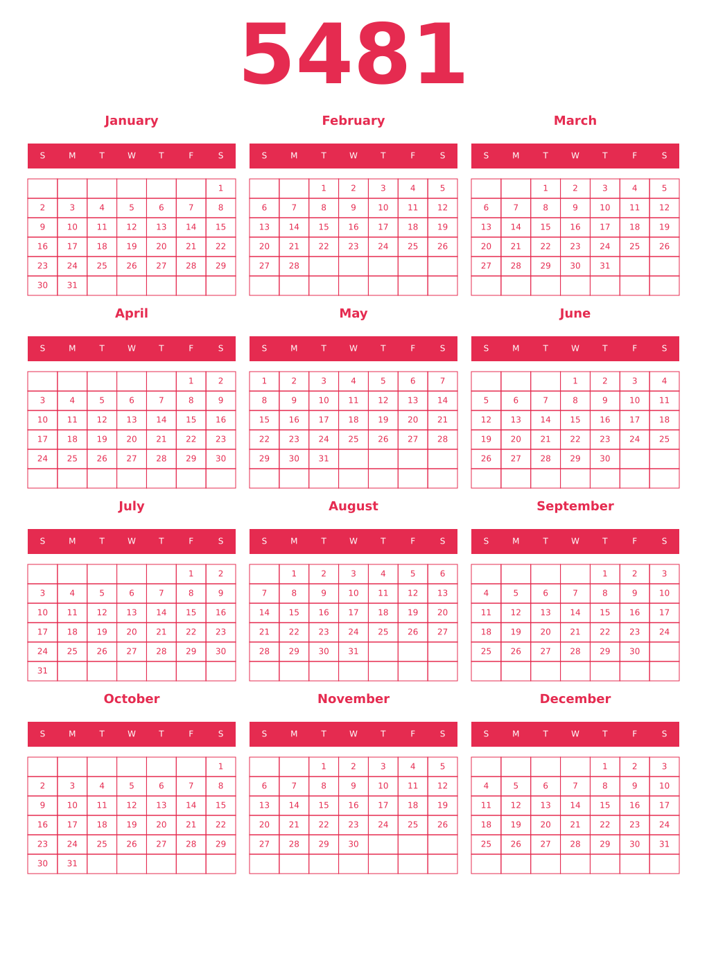 Printable 5481 Year Calendars amaranth