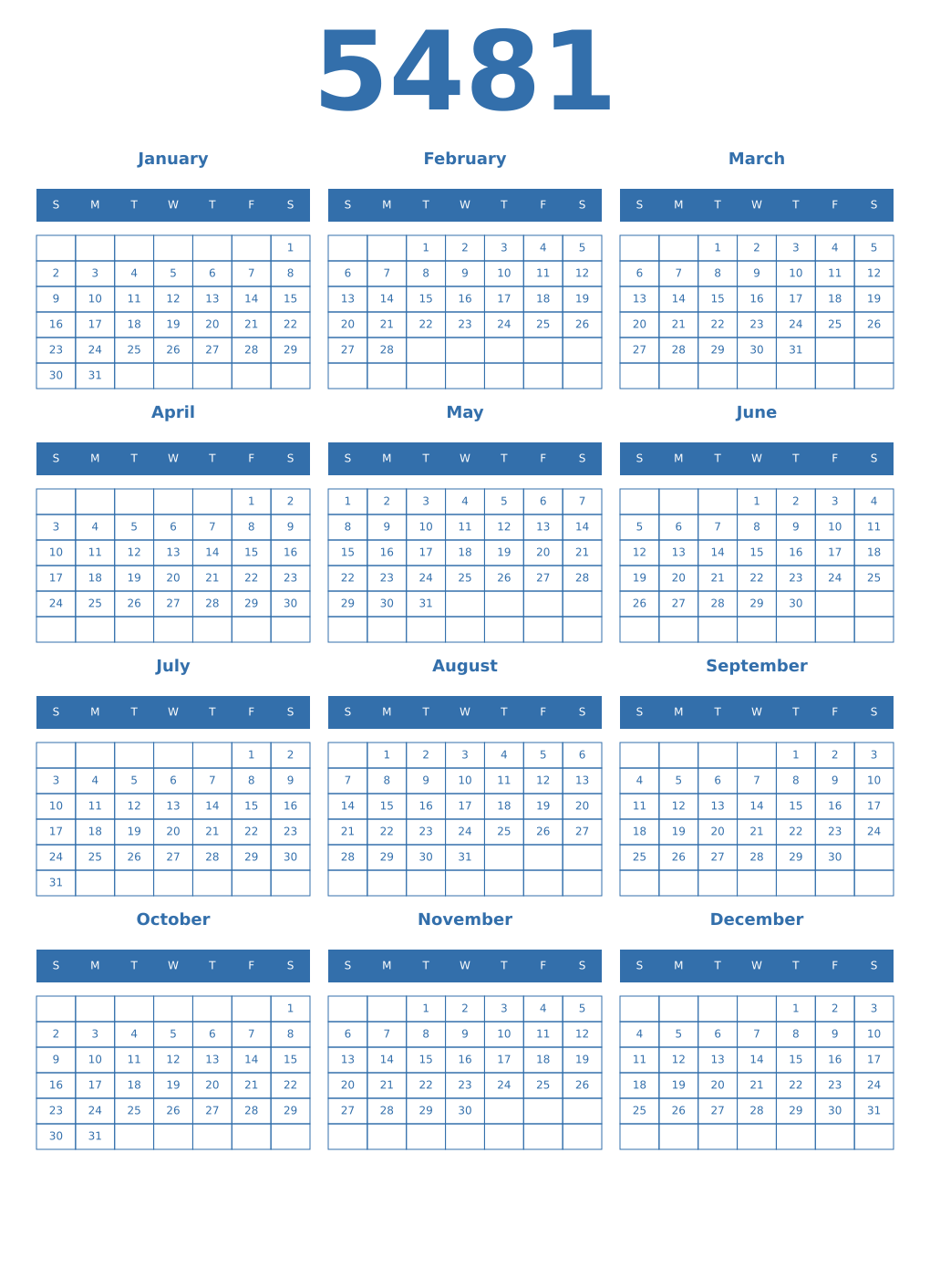 Printable 5481 Year Calendars blue