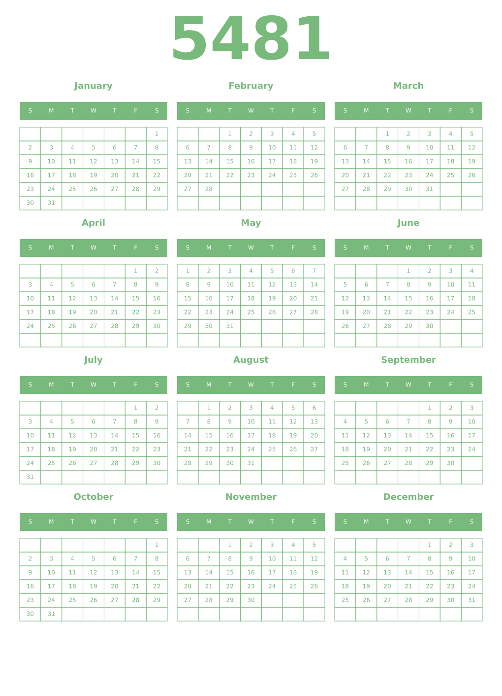Printable 5481 Year Calendars celadon