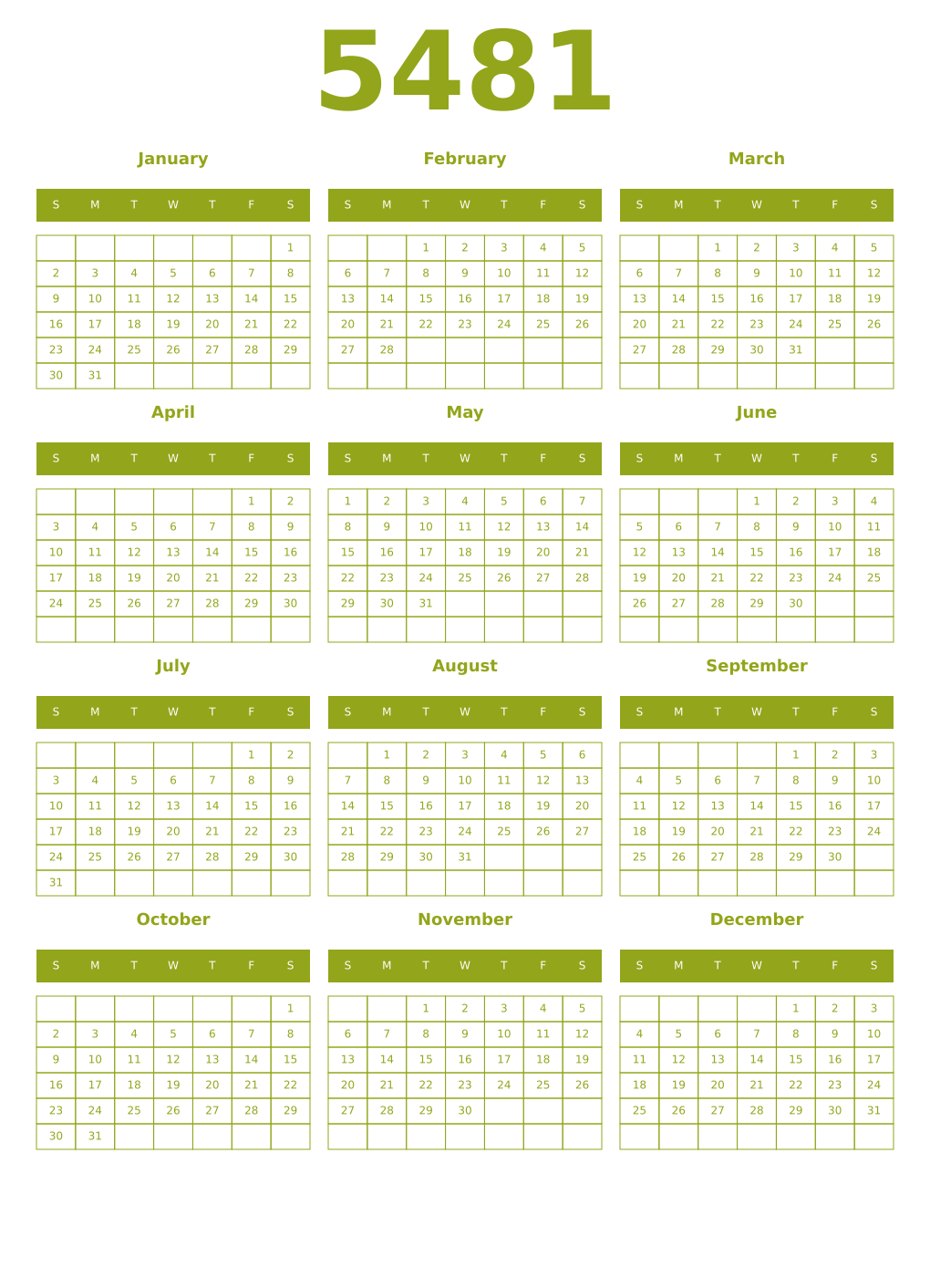 Printable 5481 Year Calendars chartreuse