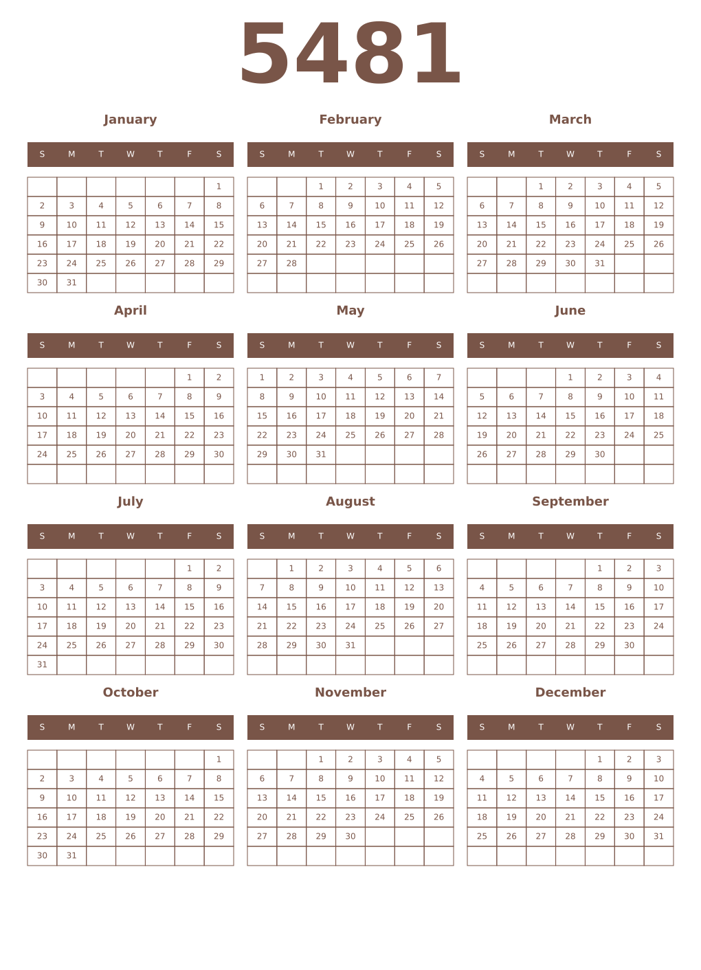 Printable 5481 Year Calendars coffe