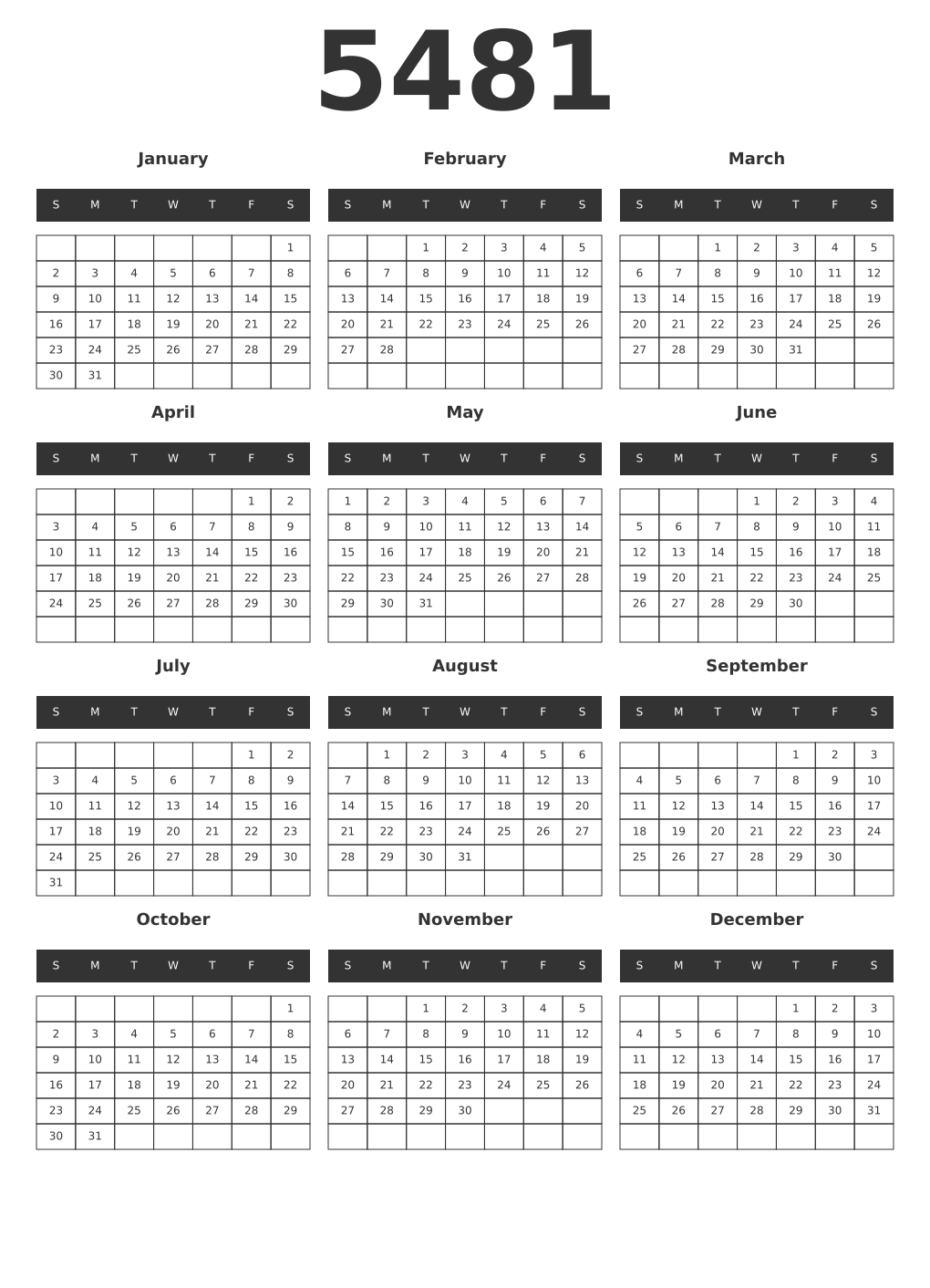 Printable 5481 Year Calendars dark