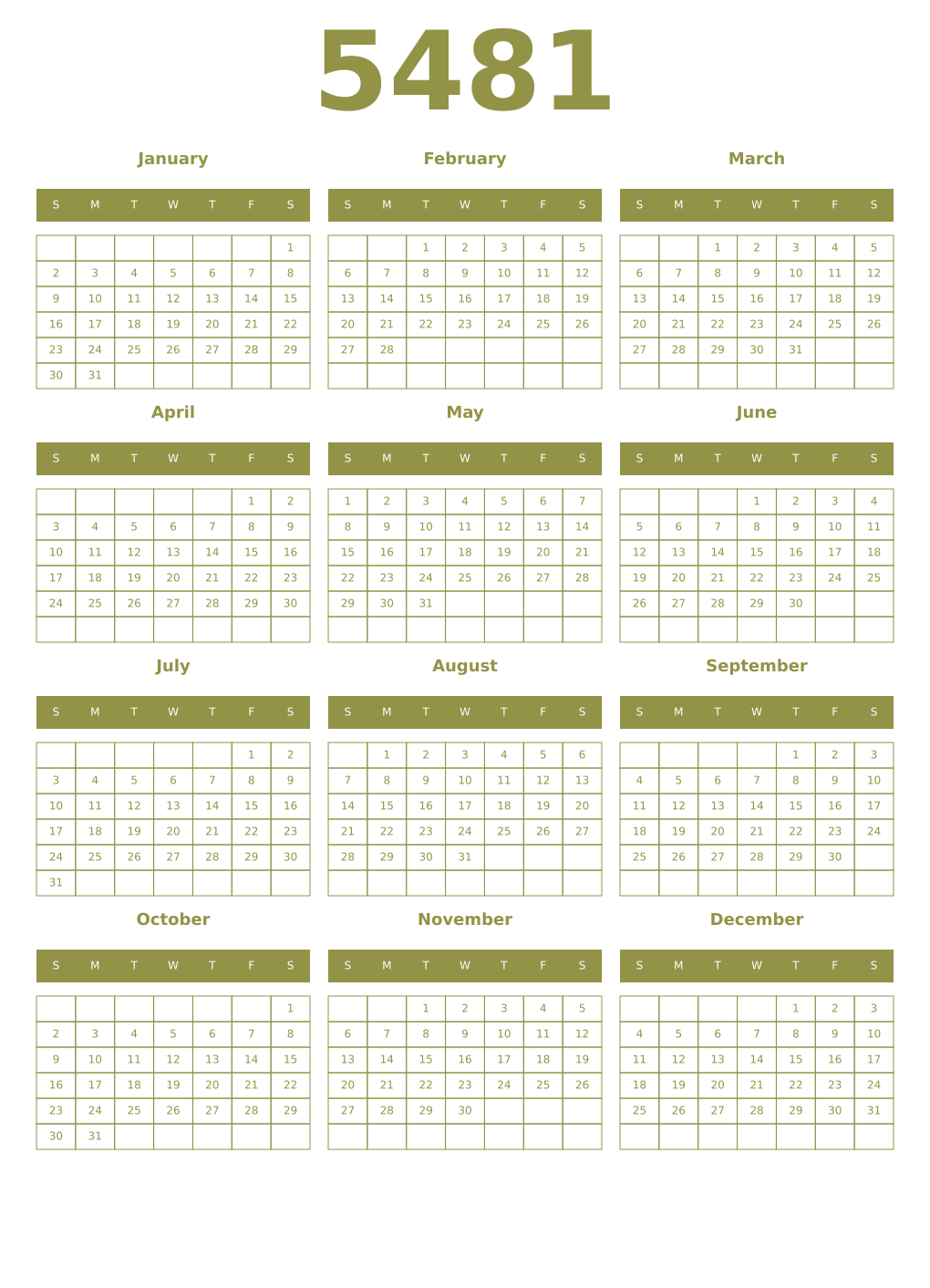Printable 5481 Year Calendars eburnean