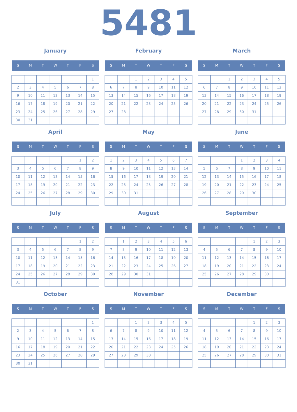 Printable 5481 Year Calendars glaucous