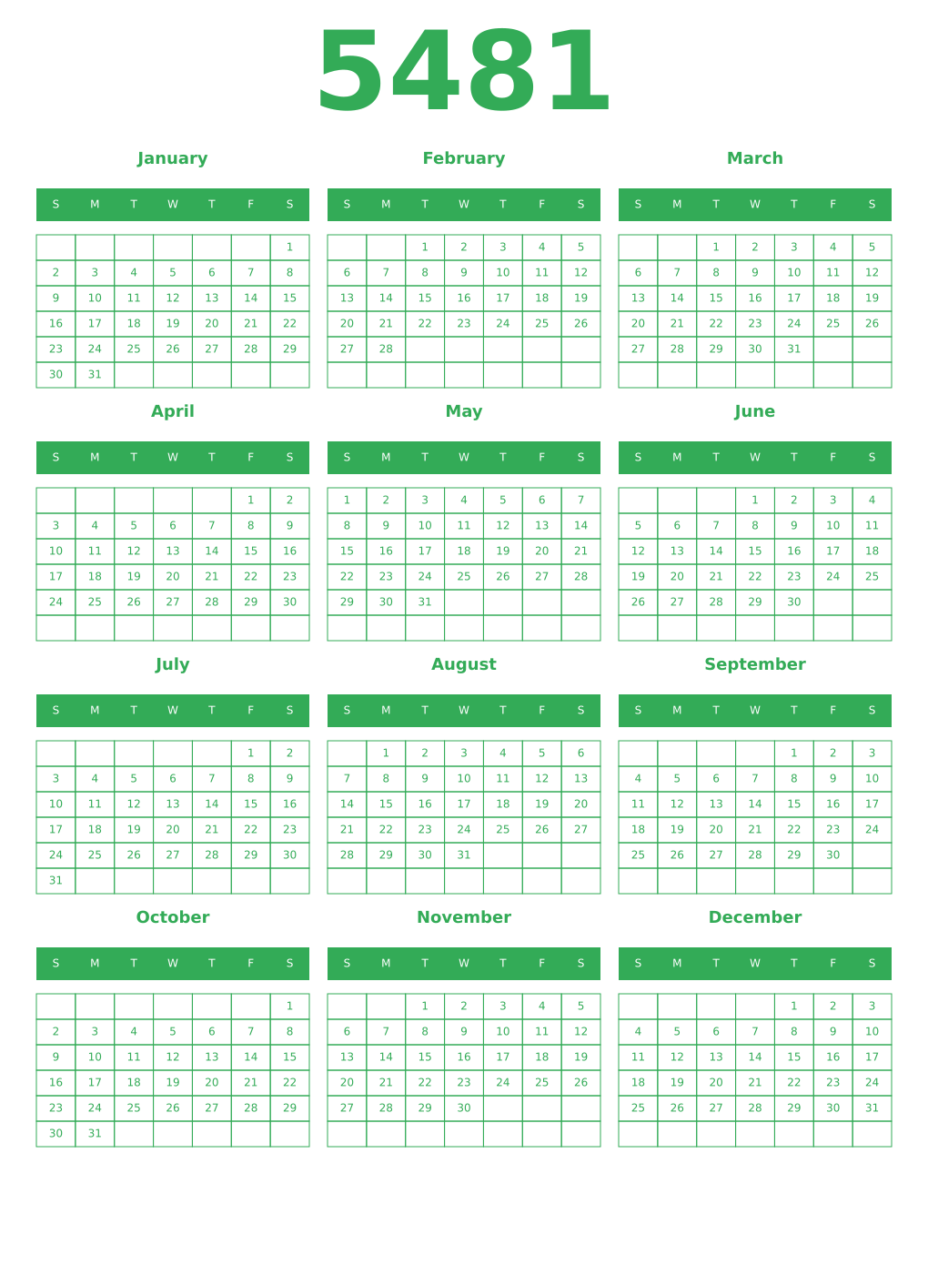 Printable 5481 Year Calendars green