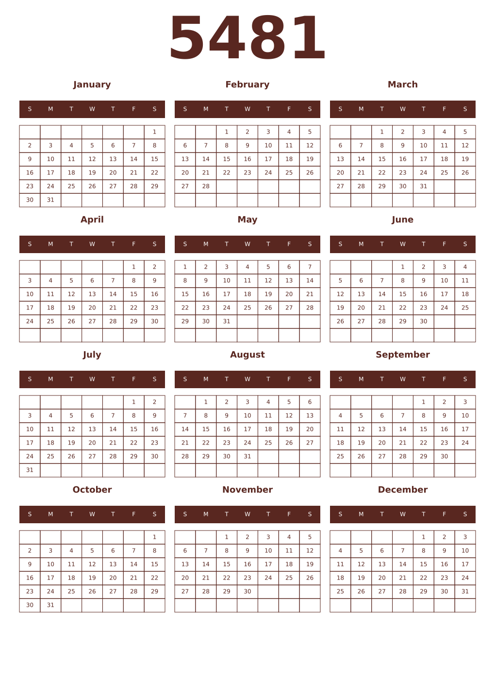 Printable 5481 Year Calendars mortuum