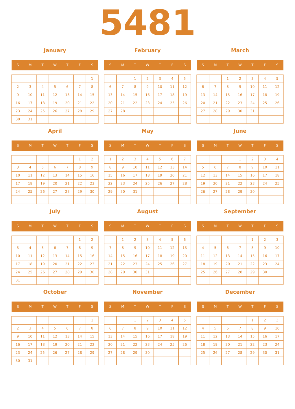 Printable 5481 Year Calendars orange
