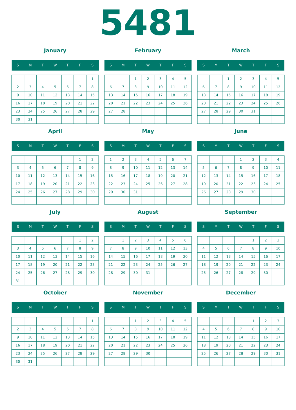 Printable 5481 Year Calendars pastel