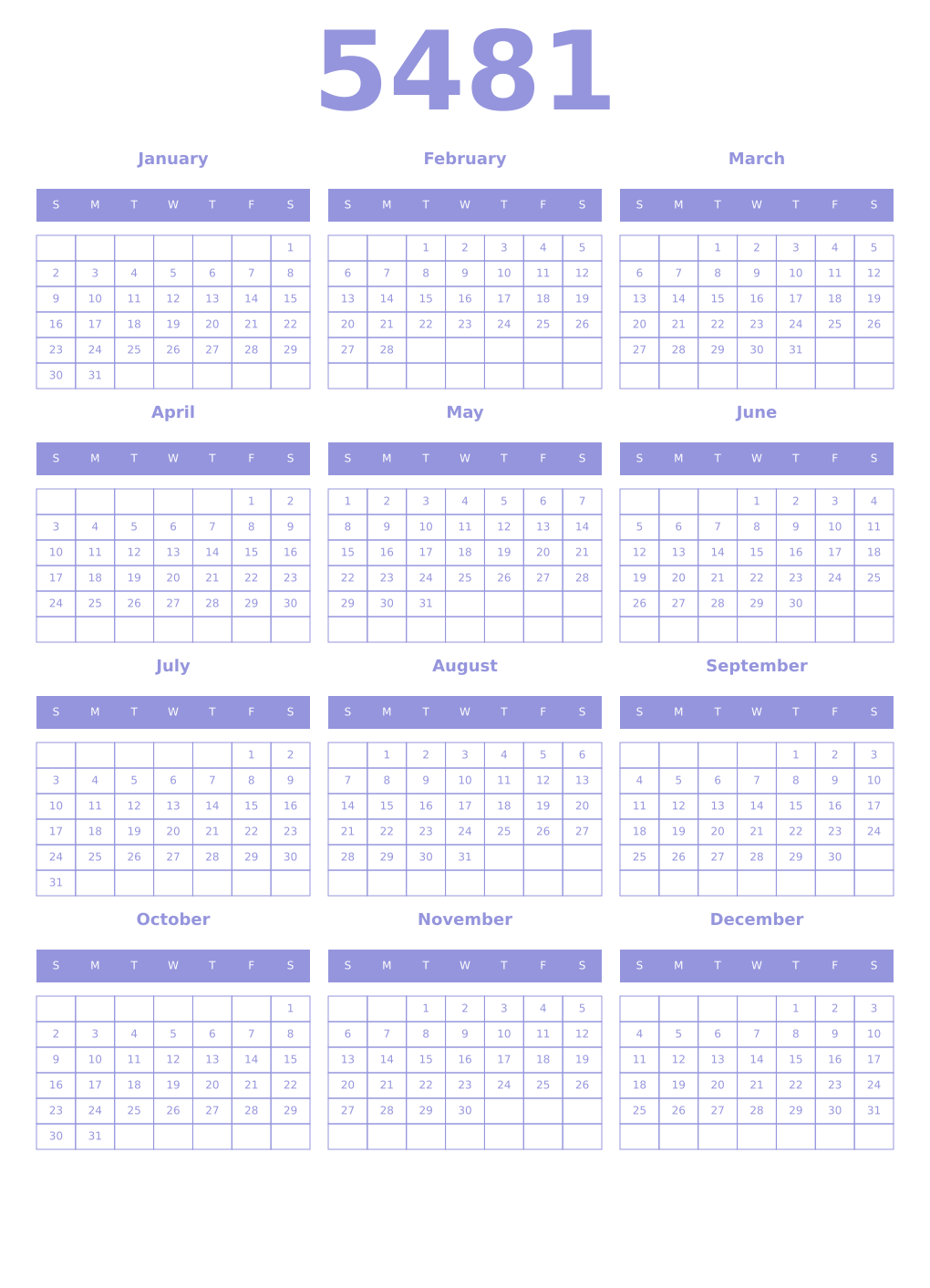 Printable 5481 Year Calendars periwinkle