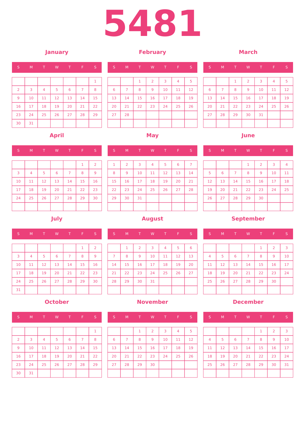 Printable 5481 Year Calendars pink