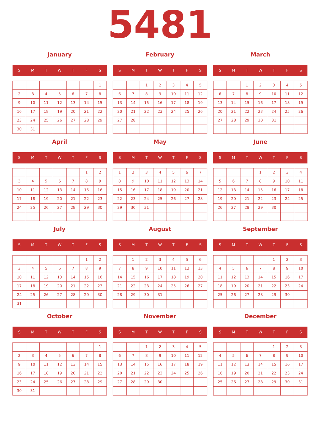 Printable 5481 Year Calendars red