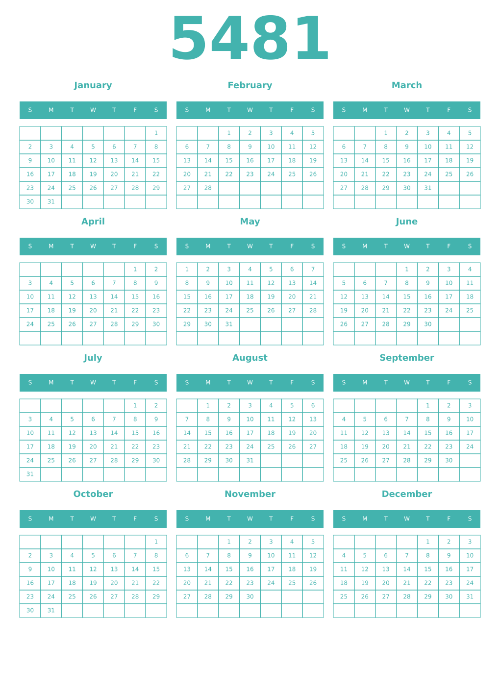 Printable 5481 Year Calendars verdigris