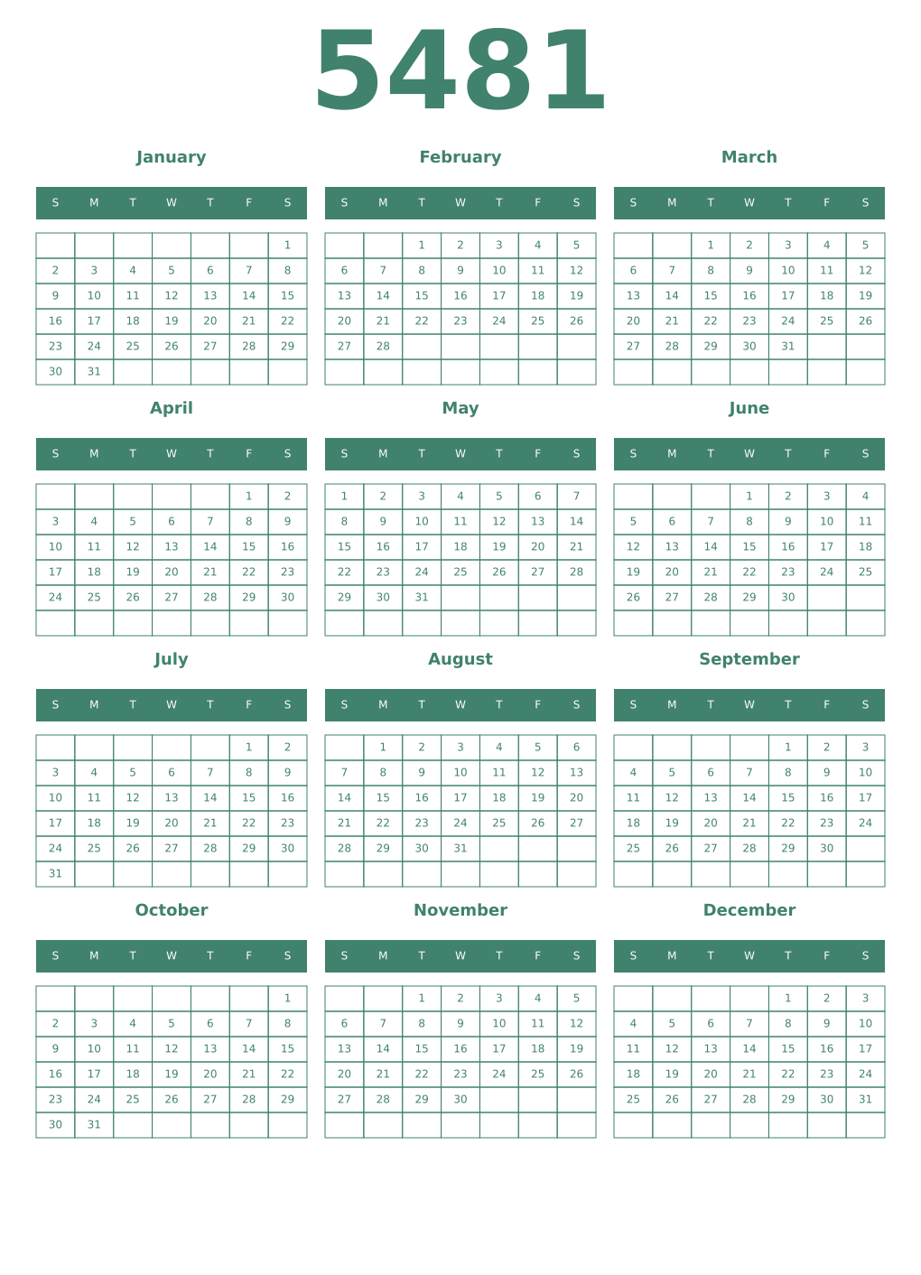 Printable 5481 Year Calendars viridian