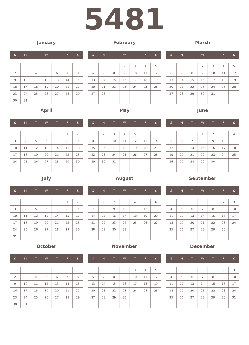 Printable 5481 Year Calendars wenge