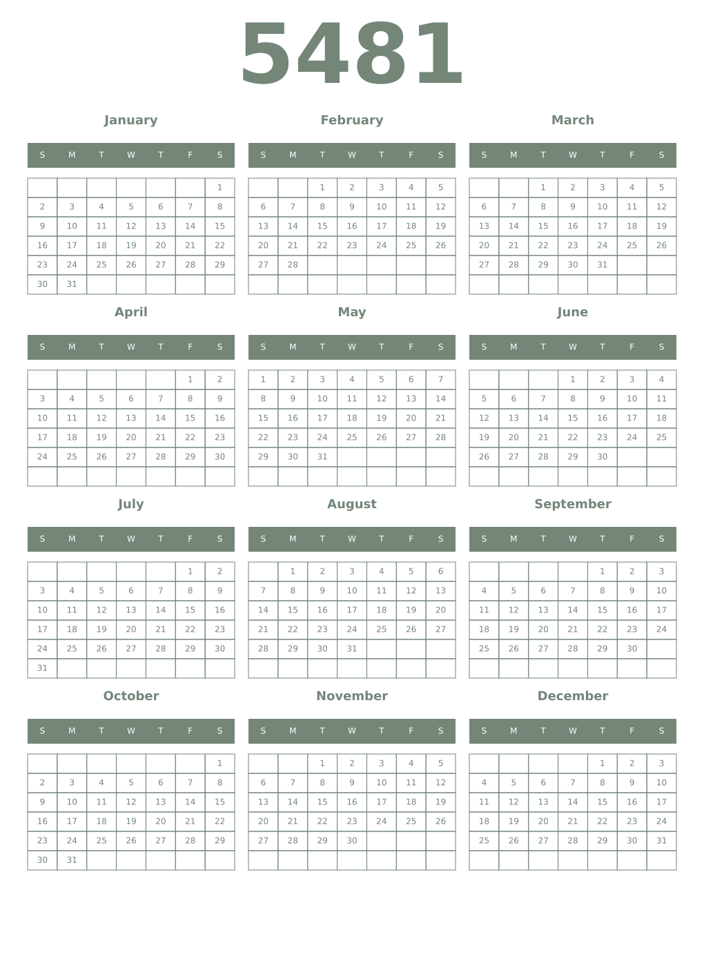 Printable 5481 Year Calendars xanadu