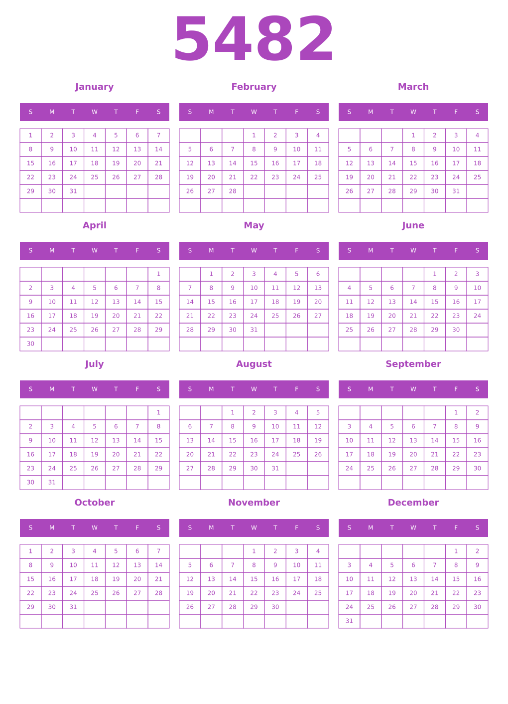 Printable 5482 Calendars