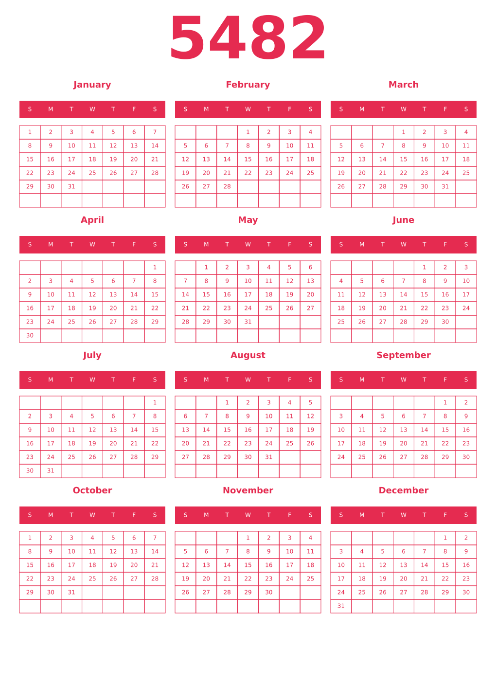 Printable 5482 Year Calendars amaranth