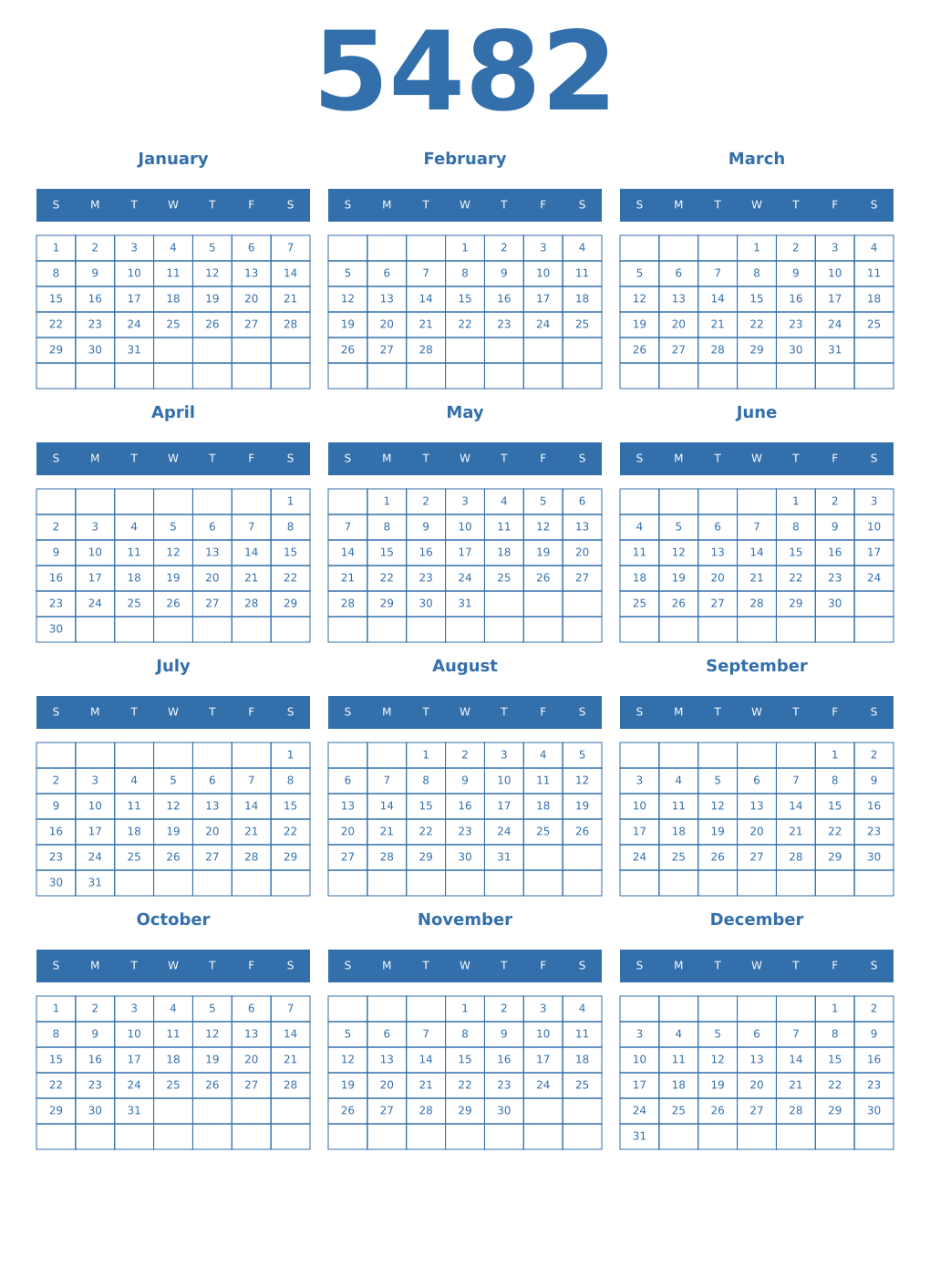 Printable 5482 Year Calendars blue