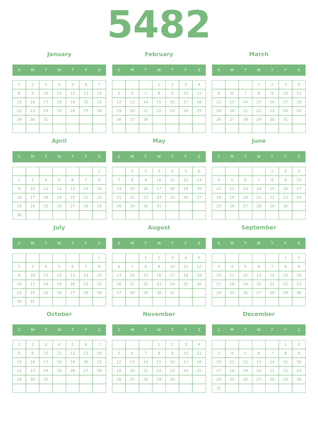 Printable 5482 Year Calendars celadon