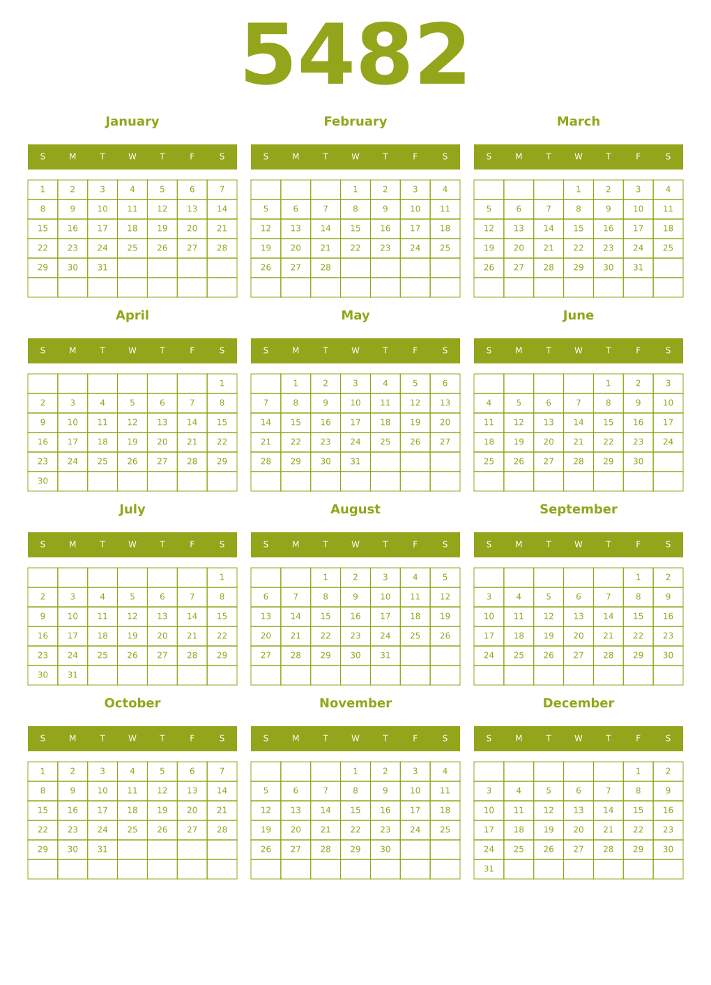 Printable 5482 Year Calendars chartreuse